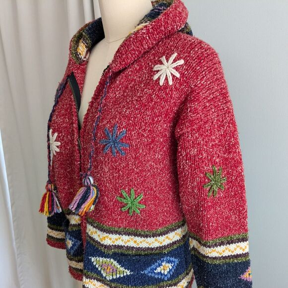 Handmade Cardigan Hoodie Sweater Wool Boho Hippie Multicolor Zip Chunky Red Blue - Picture 7 of 11